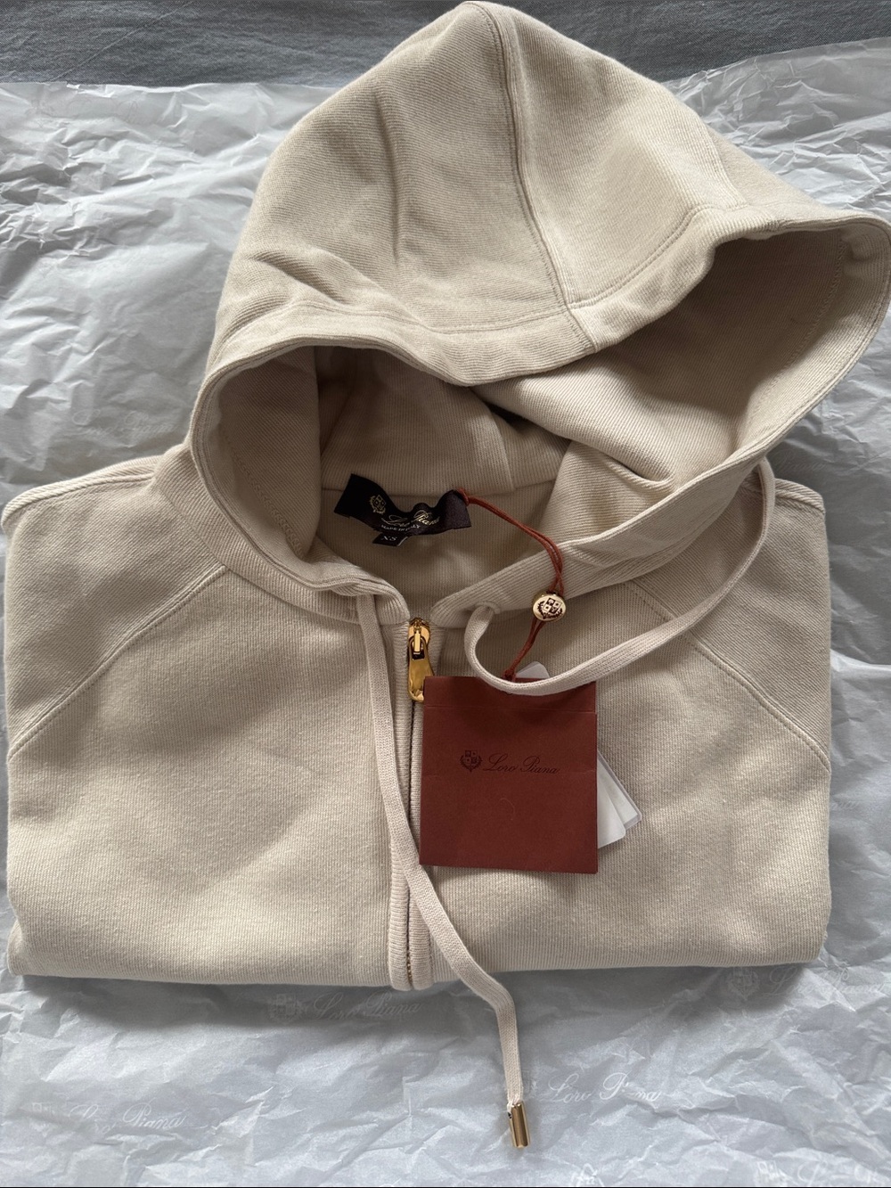 Loro Piana Cream Zip-Up Hoodie with Gold Hardware